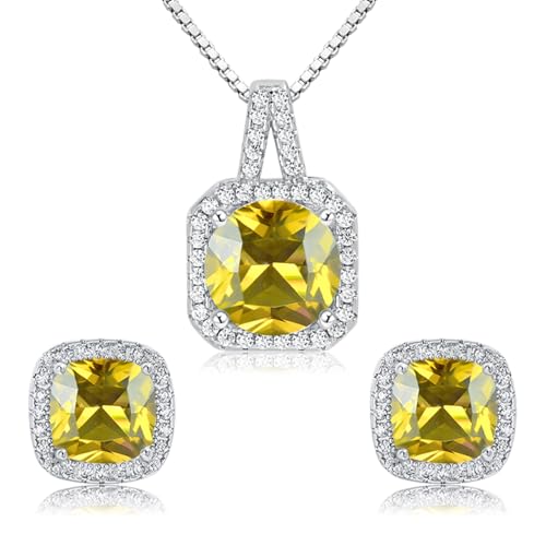 Cubic Zirconia Necklace and Earrings Set for Women 14K White Gold Plated Bridesmaid Silver Jewelry Set for Women Pendant Necklace Hypoallergenic Stud Earrings Set Jewellery Gift for Mom Wife Bride Bridesmaid - color: Yellow-Square Shape