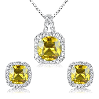 Cubic Zirconia Necklace and Earrings Set for Women 14K White Gold Plated Bridesmaid Silver Jewelry Set for Women Pendant Necklace Hypoallergenic Stud Earrings Set Jewellery Gift for Mom Wife Bride Bridesmaid - color: Yellow-Square Shape