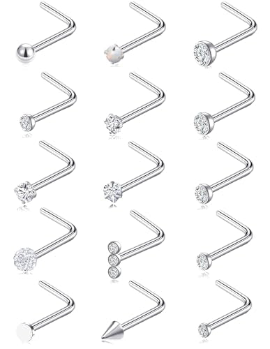 Akeoqi 15PCS G23 Titanium Nose Studs Ring L-Shaped Round CZ Ball Opal Star Heart Nose Studs Nostril Body Piercings Jewelry Set for Women Men Silver Gold Tone 20G 1.5mm 2mm 2.5mm 3mm 3.5mm
