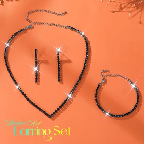 Unicra Rhinestone Bridal Wedding Jewelry Set Silver Necklace Earrings Bracelet Sets Prom Formal Costume Jewelry Sets for Women and Brides - color: Black
