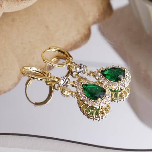 Sonateomber Gold Silver Small Hoop Dangle Earrings for Women, Trendy Dainty Rhinestone CZ Dangling Prom Wedding Leaf Flower Snowflake Butterfly Starfish Fashion Jewelry Gift - color: Green Tear