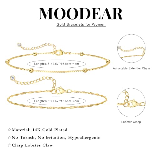 Moodear Gold Bracelets for Women, 2PCS Dainty 14K Gold Plated Link Chain | Waterproof Non Tarnish Jewelry, Adjustable Gold Plated Link & Bead Chain, Perfect for Daily Wear, Vacation Outfits & Gifts - color: gold-4