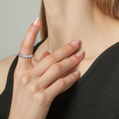 3.5mm Stackable Rings S925 Sterling Silver Created Birthstone & Cubic Zirconia Ring for Women Wedding Bands Anniversary Birthday Jewelry Size 6 to 10(with Box) - color: 06-Created Alexandrite-Jun