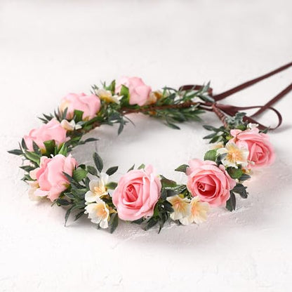 Fairy Pink Flower Crown Headband, Rose Floral Headpiece | Adjustable, Fairy Flower Crown, Women Girls, Renaissance Birthday Wedding Party Photo Props - color: Pink Rose