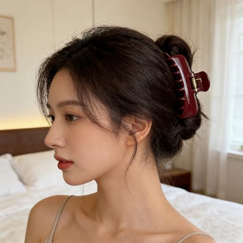Wine Red Shark Hair Clips for Women Korean Version Premium Hair Claw Clips Upgraded Springs Strong Hold Jaw Clips Gold-Plated Safety Bead Cap Preventing Slippage Medium Hair Clip for Thick Hair 1 Pcs