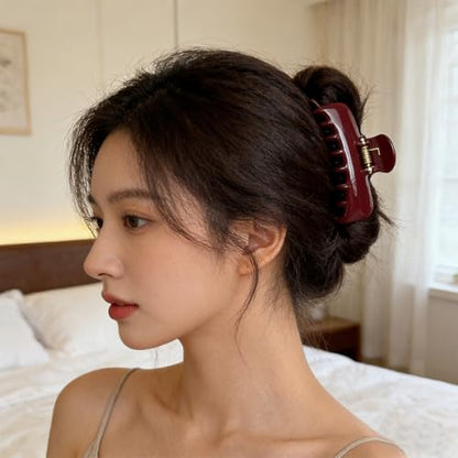 Wine Red Shark Hair Clips for Women Korean Version Premium Hair Claw Clips Upgraded Springs Strong Hold Jaw Clips Gold-Plated Safety Bead Cap Preventing Slippage Medium Hair Clip for Thick Hair 1 Pcs