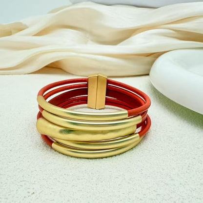 Bracelets for Women Leather Bracelet Multi-Layer Rope Wrap Bangle 14k Gold Plated Cirle Hollow Tube Boho Cuff Bangle Bracelets for Women Gift - style: Tube-Orange Leather Bracelet