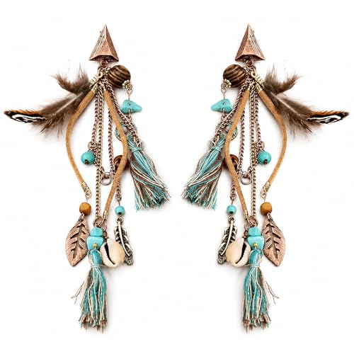 1 Pair Long Boho Feather Tassel Earrings for Women, Dangle Drop Vintage Ethnic Tribal Statement Jewelry Accessory