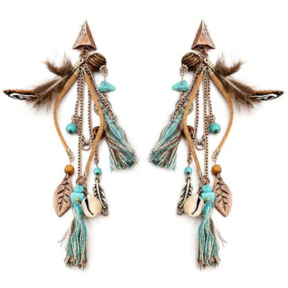 1 Pair Long Boho Feather Tassel Earrings for Women, Dangle Drop Vintage Ethnic Tribal Statement Jewelry Accessory