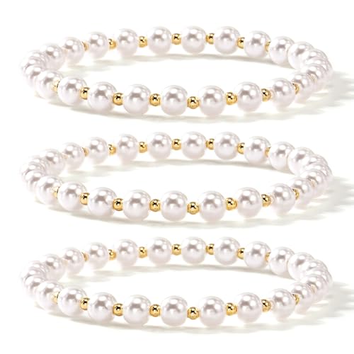 14K Gold Plated Beaded 3Pcs Stack Bracelets for Women, Dainty Trendy Freshwater Stackable Pearl Paperclip Cross Chain Gold Balls Stretch Accessories Jewelry Vacation Gift - color: pearl
