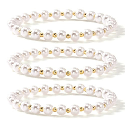 14K Gold Plated Beaded 3Pcs Stack Bracelets for Women, Dainty Trendy Freshwater Stackable Pearl Paperclip Cross Chain Gold Balls Stretch Accessories Jewelry Vacation Gift - color: pearl