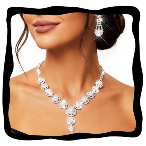 Nicute Pearl Jewelry Set Sparkly Rhinestone Necklace Earrings Sets Prom Costume Bridal Jewelry Set for Women - color: Silver