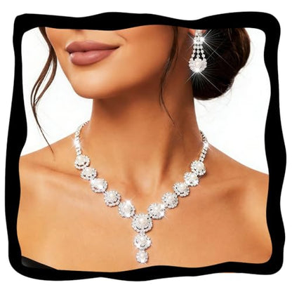 Nicute Pearl Jewelry Set Sparkly Rhinestone Necklace Earrings Sets Prom Costume Bridal Jewelry Set for Women - color: Silver