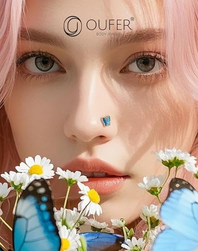 OUFER 2PCS Stainless Steel Nose Rings, Moon Star Butterfly Design 20G Nostril Dangle Piercing Jewelry - 7MM - style: Glitter Butterfly Butterfly