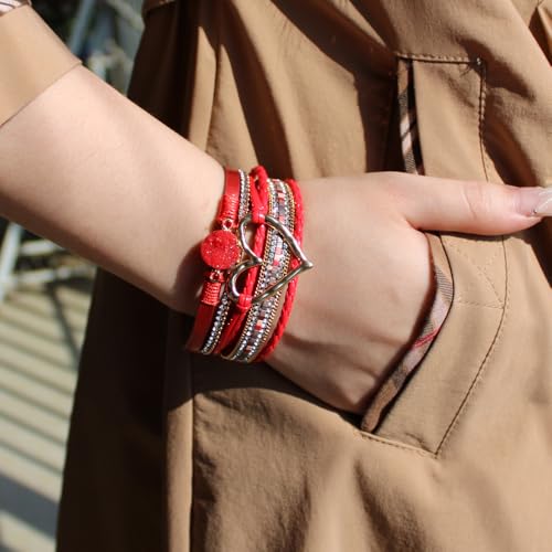 Womens Love Heart Leather Wrap Bracelet Multi-layer Stacked Bangle | Magnetic Clasp Soft PU Leather Resin Stone Rhinestone Boho Style Birthday Valentine Christmas Bohemian Jewelry Gift - color: Red