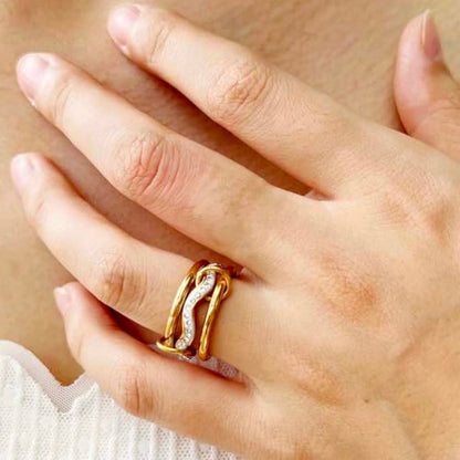 Gold Stackable Rings for Women Non Tarnish, 18k Gold Plated Cubic Zirconia Rings, Silver Multi-Link Connected Knuckle Women Stack Rings Set - color: Gold 2, size: 7