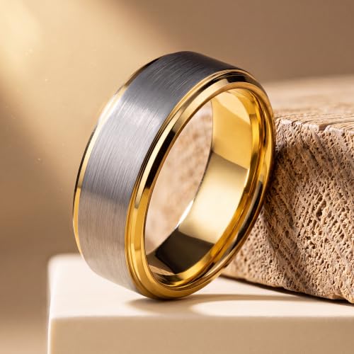 Tungsten Wedding Band Ring Black 10mm Men Women Comfort Fit 18k Rose Gold Step Edge Brushed Polished - color: Yellow Gold Grey Tungsten