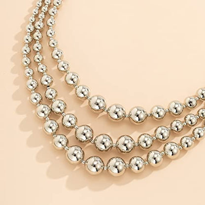 COLORFUL BLING Exaggerated Layered Beads Pendant Chunky Gold Chain Chunky Bib Statement Choker Stackable Strand Necklace for Women Hip Hop Jewelry - color: silver three layer