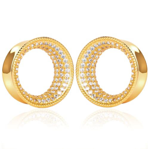 Vankula 2 Pcs Ear Gauges 0g(8mm)-5/8"(16mm) High Polish Single Flare Ear Tunnels 5A Cubic Zirconia Hypoallergenic Plugs for Stretched Ears Tapered Wedding Gift Body Jewelry - color: Gold, size: 10mm(00G)