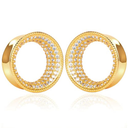 Vankula 2 Pcs Ear Gauges 0g(8mm)-5/8"(16mm) High Polish Single Flare Ear Tunnels 5A Cubic Zirconia Hypoallergenic Plugs for Stretched Ears Tapered Wedding Gift Body Jewelry - color: Gold, size: 10mm(00G)