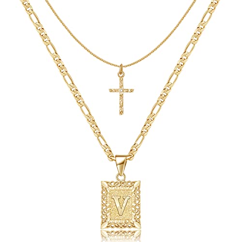 KELORIS PATH Gold Layered Initial Cross Necklace, 14K Gold Plated Layering Square Letter Pendant Figaro Chain Cross Choker from A-Z Capital Jewelry for Women Girls | 14K Gold Plated Square/Hexagon Letter Pendant with Figaro Chain, Stackable Jewelry Gifts,