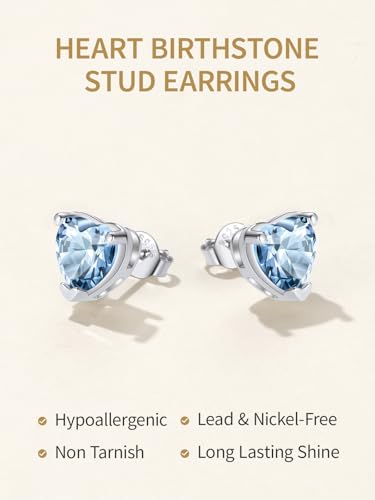 FindChic 2 Carat Birthstone Stud Earrings for Women, Round/Heart/Princess Cut Stud Earrings, Hypoallergenic Studs with 925 Sterling Silver Posts, 12 Months Birthday Jewelry Gift - color: 03. March-Aquamarine(Heart Cut)
