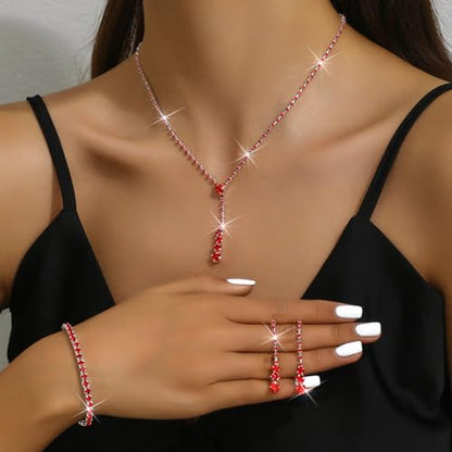MIFYNN Rhinestone Wedding Set for Women Sparkle Crystal Earrings Necklace Bracelet Jewelry Set Wedding Party Prom Jewelry Set for Brides Bridesmaid - color: Red