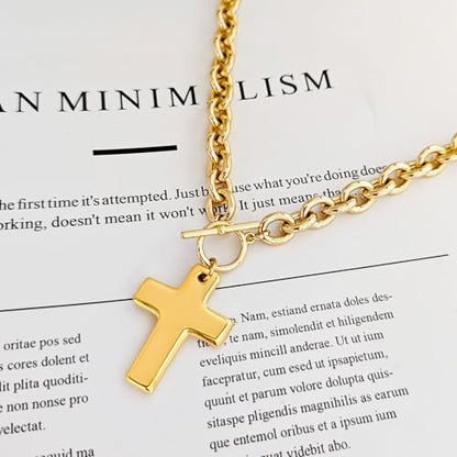 Zeffy 14K Gold/Silver Plated Chunky Thick Chain Toggle Clasp Necklace Dainty Baroque Pearl/Heart/Cross/Turquoise Pendant Necklace - color: Gold Big Cross Necklace