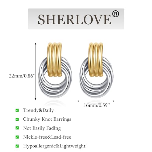 SHERLOVE Chunky Knot Gold Earrings Women Statement Drop Dangle Earrings | 14K Gold Plated Hypoallergenic Lightweight,Trendy Dainty Elegant Cute,Women Gold Jewelry Fashion Accessories Gifts - color: Knot Gold with Silver