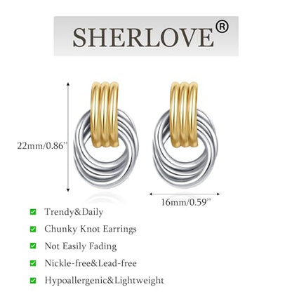 SHERLOVE Chunky Knot Gold Earrings Women Statement Drop Dangle Earrings | 14K Gold Plated Hypoallergenic Lightweight,Trendy Dainty Elegant Cute,Women Gold Jewelry Fashion Accessories Gifts - color: Knot Gold with Silver