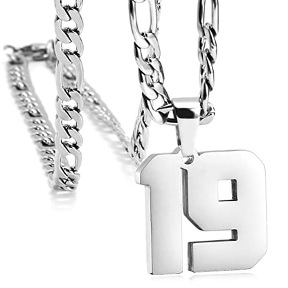 Personalized Number Necklaces for Mens,Stainless Steel Number Pendant Chain | Athletes Jersey Number Necklace;Baseball Basketball Football Sport Teams;Birthday Graduate Gift;Womens Mens Player - color: Silver, style: 19 Silver