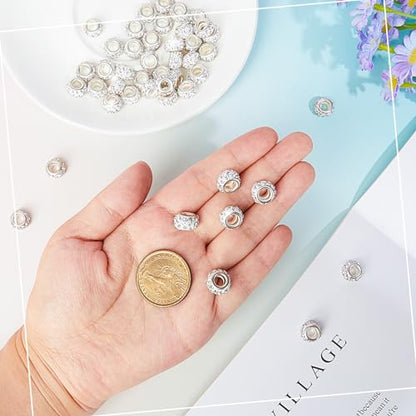 Junkin 120 Pcs Large Hole Beads 11 mm European Crystal Charm Spacer Rhinestone Colorful European Beads for Pens Making Bulk Beadable Pens Jewelry Making Supplies DIY Crafts Bracelet(Clear White) - color: Clear White