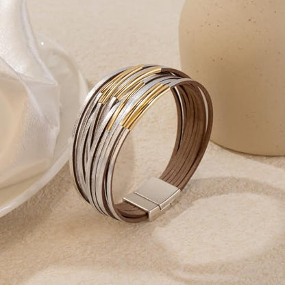 Wrapped Bracelets for Women,Leather Boho Bracelets for Women - color: Leather-Silver