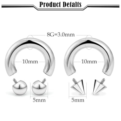 20G-00G Septum Rings horseshoes Nose Rings Hoops 316L Surgical Steel Snake Bites Lip Nipple Ring Cartilage Tragus Helix Rook Conch Daith Earrings Pa Piercing Jewelry for Women Men - style: 8G(3.0mm)-Dia:10mm