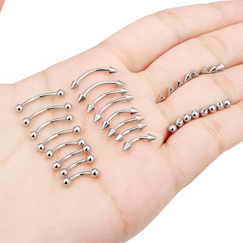 Jenxnjsjo 16g 6/8/10/12mm Silver/Gold/Black Eyebrow/Rook/Snug/Vertical-Labret/VCH/Snake-Eyes/Anti-Tragus/Christina/Daith/Belly-Button/Bridge/Hood/Surface Curved Barbell Piercing Jewelry for Women Men - color: Silver Tone