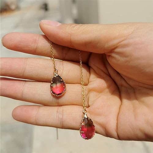 WANGGAO Stainless Steel Water Drop Long Chain Earrings for Women Linear Crystal Threader Earrings Jewelry - color: Green Pink