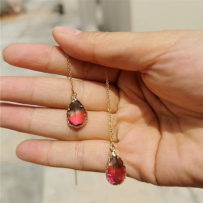 WANGGAO Stainless Steel Water Drop Long Chain Earrings for Women Linear Crystal Threader Earrings Jewelry - color: Green Pink