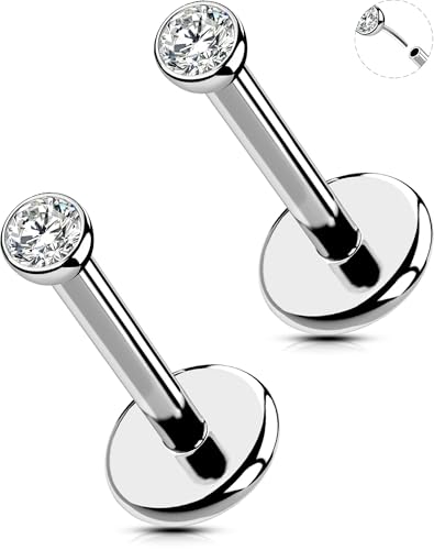 OUFER 2Pcs 20G/18G/16G G23 Titanium Threadless Nose Stud Earrings Flat Back Tiny CZ Small Nose Helix Cartilage Tragus Conch Labret Medusa Monroe Piercing Jewelry for Women Men - color: Silver, size: 2pcs, 16g 8mm, 2mm cz