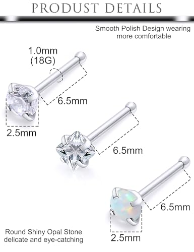 Hoeudjo Opal Nose Studs Surgical Steel Nose Rings Studs Cubic Zirconia L Shaped Nose Piercing Jewelry for Women 20G 18G - color: straight nose studs,18g
