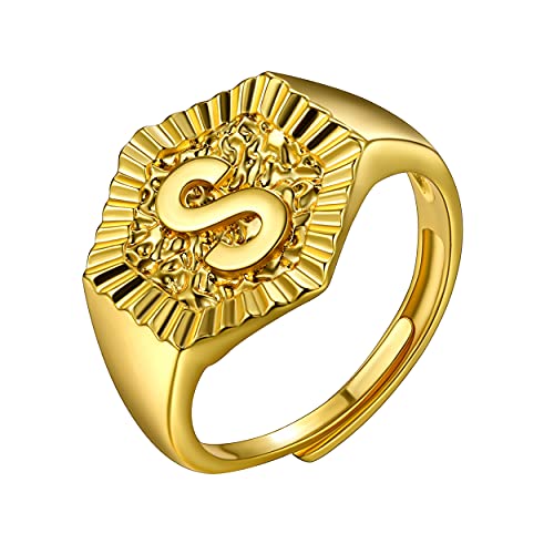 U7 Initial Ring Wedding Band for Men Women 18K Gold Plated Statement Hexagon A-Z Letter Jewelry Personalized Stackable Signet Rings - color: S