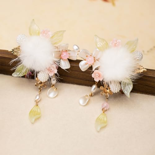 A Pair Wedding Hair Clips, Handmade Floral Design Crystal Hair Clips Pearl Barrettes, Rhinestones Flower Clips Pearl Headpieces Hair Pins Hair Accessories for Women Girls (White&Light Green) - color: White&Light Green
