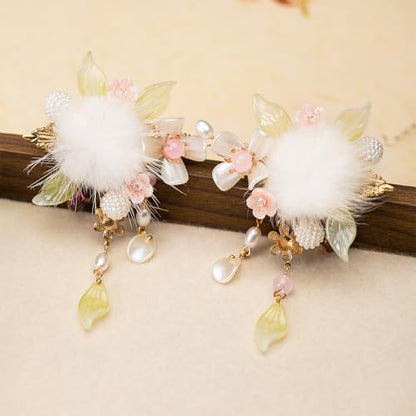 A Pair Wedding Hair Clips, Handmade Floral Design Crystal Hair Clips Pearl Barrettes, Rhinestones Flower Clips Pearl Headpieces Hair Pins Hair Accessories for Women Girls (White&Light Green) - color: White&Light Green