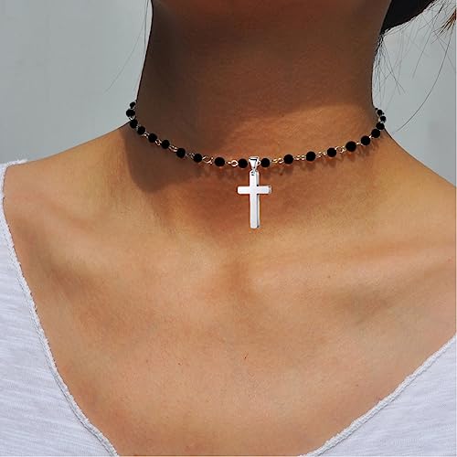 Small Dainty Cross Necklace Pendant Bohemian Turquoise Seed Bead Beaded Necklace Choker for Women Men Faith Jewelry Gift - color: 06 Silver