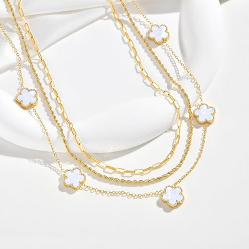 MPRAINBOW Gold Layered Necklace for Women - 3Pcs 18K Gold Plated Floral Necklaces, Stainless Steel Stackable Cuban Link Chain Non Tarnish Trendy Jewelry, Herringbone Chains Christmas Birthday Gifts - color: White 02