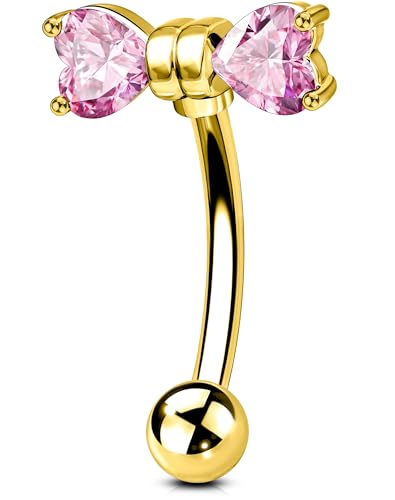 OUFER 16G Rook Earring Piercing Jewelry-316L Surgical Steel Pink Clear CZ Bow Eyebrow Rings, 6/8MM Curved Barbell Vertical Labret Lip Piercing Jewelry - color: Gold-PK