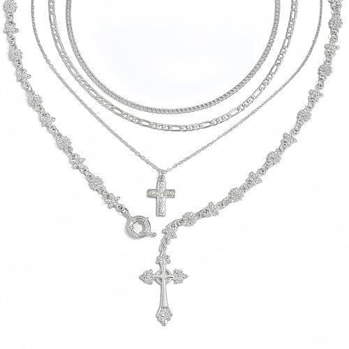 Silvery Layered Necklace for Women, Y Necklace with Cross Pendant, Dainty Stackable Jewelry Gift for Everyday Wear - style: 4PCS - Cuban Chain&Paper clip chain&Cross&Cross Flower Chain