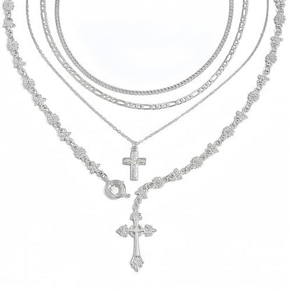 Silvery Layered Necklace for Women, Y Necklace with Cross Pendant, Dainty Stackable Jewelry Gift for Everyday Wear - style: 4PCS - Cuban Chain&Paper clip chain&Cross&Cross Flower Chain