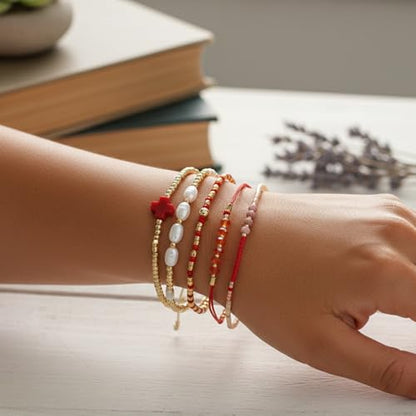 5Pcs Stack Gold Plated Ball Beaded Bracelets Set for Women, Boho Handmade Colorful Glass Pearl Stretch Accessories Jewelry, Summer Beach Daily Wear Holiday Friendship Gift - color: Red Cross