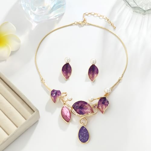 Vintage Statement Jewelry Set - Chunky Flower Floral Plant Geometric Resin Bib Necklace Earring Set Bohemian Boho Crystal Rhinestone Fashion Jewelry for Women Bridal Party Prom Unique Gift - style: MLJS2609-Purple