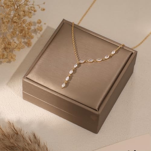 Long Necklaces for Women, Dainty Gold Drop Necklace 14k Gold Plated Y Shaped Lariat Necklace Simple Gold Necklaces for Women Trendy Chunky Long Necklace Formal Wedding Prom Necklace Jewelry - color: necklace-3-Gold